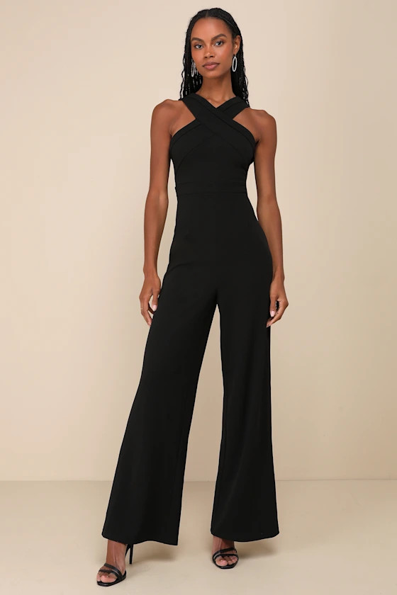 Criss-Cross Your Mind Black Cross-Front Wide-Leg Jumpsuit | Lulus