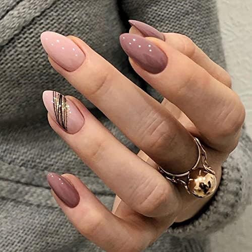Medium Length Pink Glossy Coffin Medium Length Press On Nails With Designs, Nude Acrylic Press On Na | Amazon (CA)