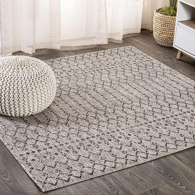 JONATHAN Y Moroccan Geometric Indoor Outdoor Square Area Rug 9X9 Natural/Black, Ourika Textured W... | Amazon (US)