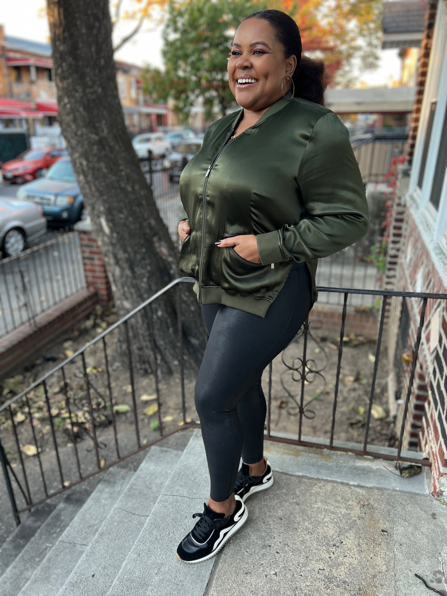 Satin bomber jacket by Universal Standard. It's sooo comfortable and luxe, a true elevated basic. Wearing size Small in color Nori. Code: INFS-AMBPATRANILA for 10% off. 

Green satin jacket, green bomber jacket, faux leather leggings, black suede sneakers, Spanx, The Office of Angela Scott 

#LTKSeasonal #LTKStyleTip #LTKMidsize