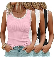 Huukeay 3 Pack Women's Tank Tops Ribbed Knit Lace Scoop Neck Sleeveless Cami Cotton Summer Basic ... | Amazon (US)