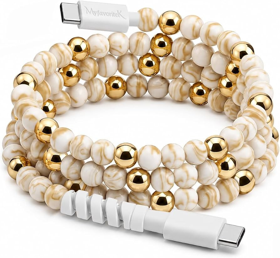 USB C to USB C Beaded Phone Charger Cord, Cute Type C Charging Cable, 3.3 ft (Marble & Gold) | Amazon (US)