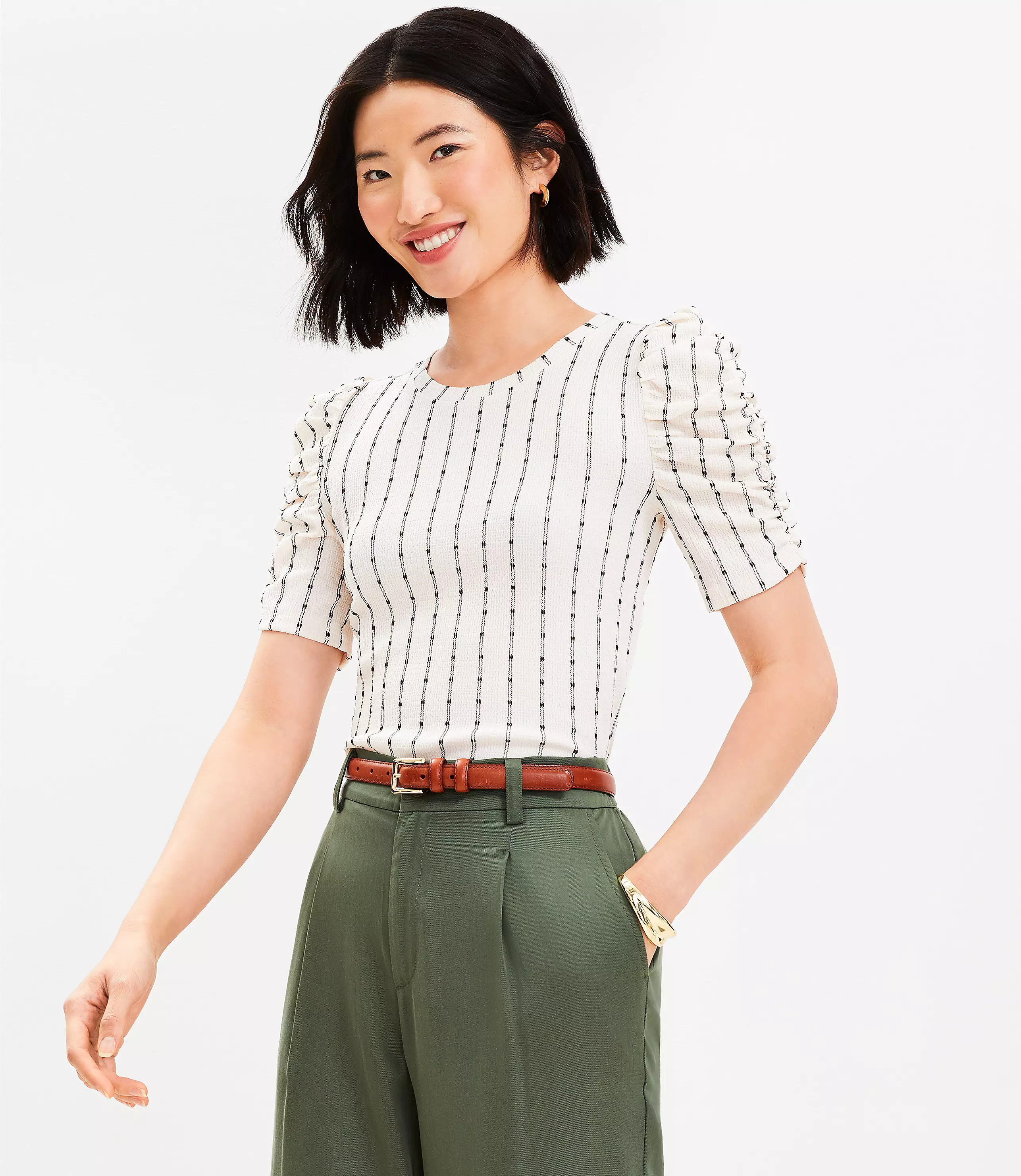 Textured Jacquard Cinched Sleeve Top | LOFT