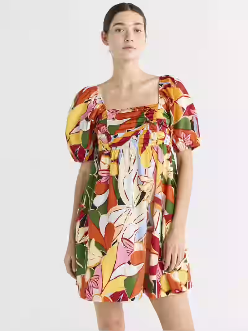 Free Assembly Women's Shirred Cotton Mini Dress with Puff Sleeves, Sizes XS-XXXL | Walmart (US)