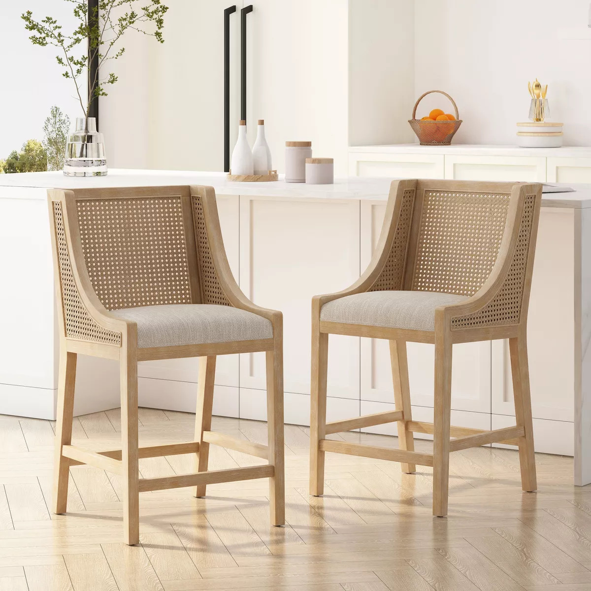 GDFStudio Deville Upholstered 25.5 inch Wood and Cane Counter Stools (Set of 2), Beige | Target