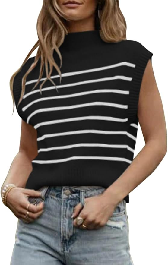 Langwyqu Womens 2024 Summer Sleeveless Sweater Vest Mock Neck Striped Cap Sleeve Ribbed Pullover ... | Amazon (US)