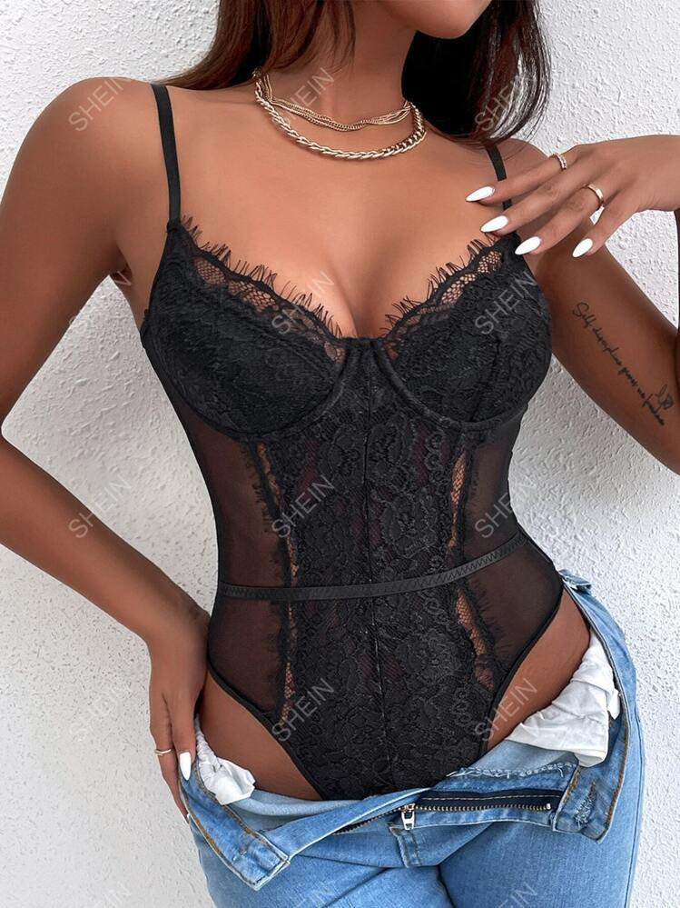 SHEIN Allurite Contrast Mesh Eyelash Lace Cami Bodysuit | SHEIN USA | SHEIN