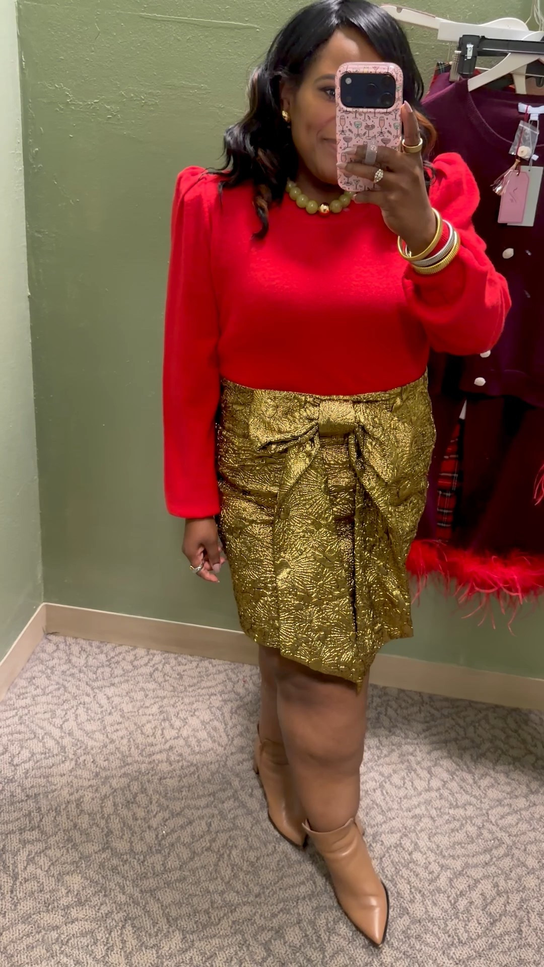 Holiday outfit inspo / gold mini skirt / red sweater / Dillards / Christmas Eve / family photos 

#LTKHoliday #LTKgrwm #LTKMidsize