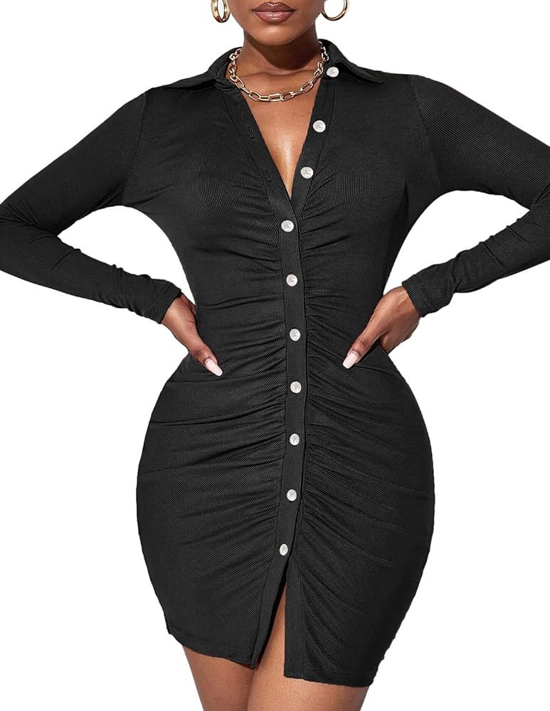 IQREENY Women Sexy Bodycon Dress Button Down Long Sleeve Ruched Dress Collared Party Club Shirt D... | Amazon (US)