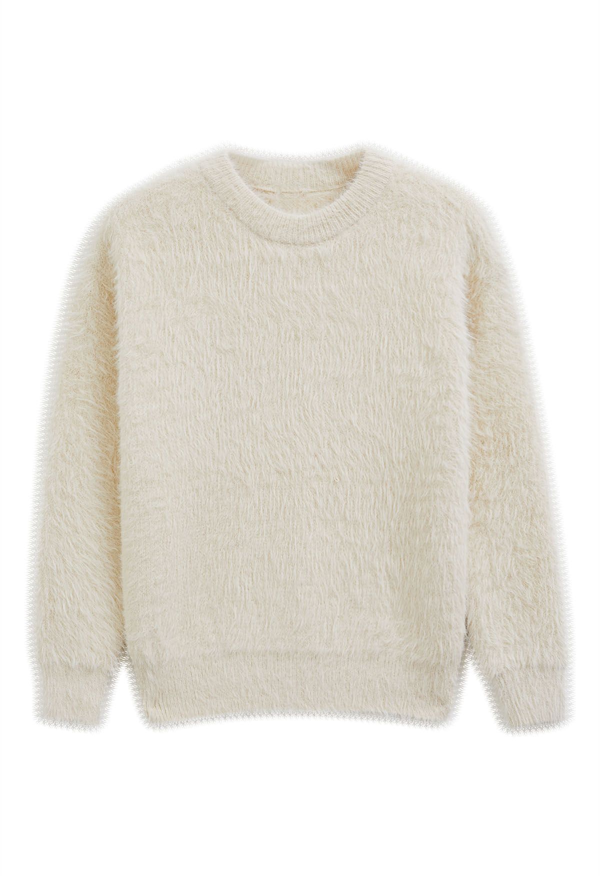 Solid Color Fuzzy Knit Sweater in Cream | Chicwish