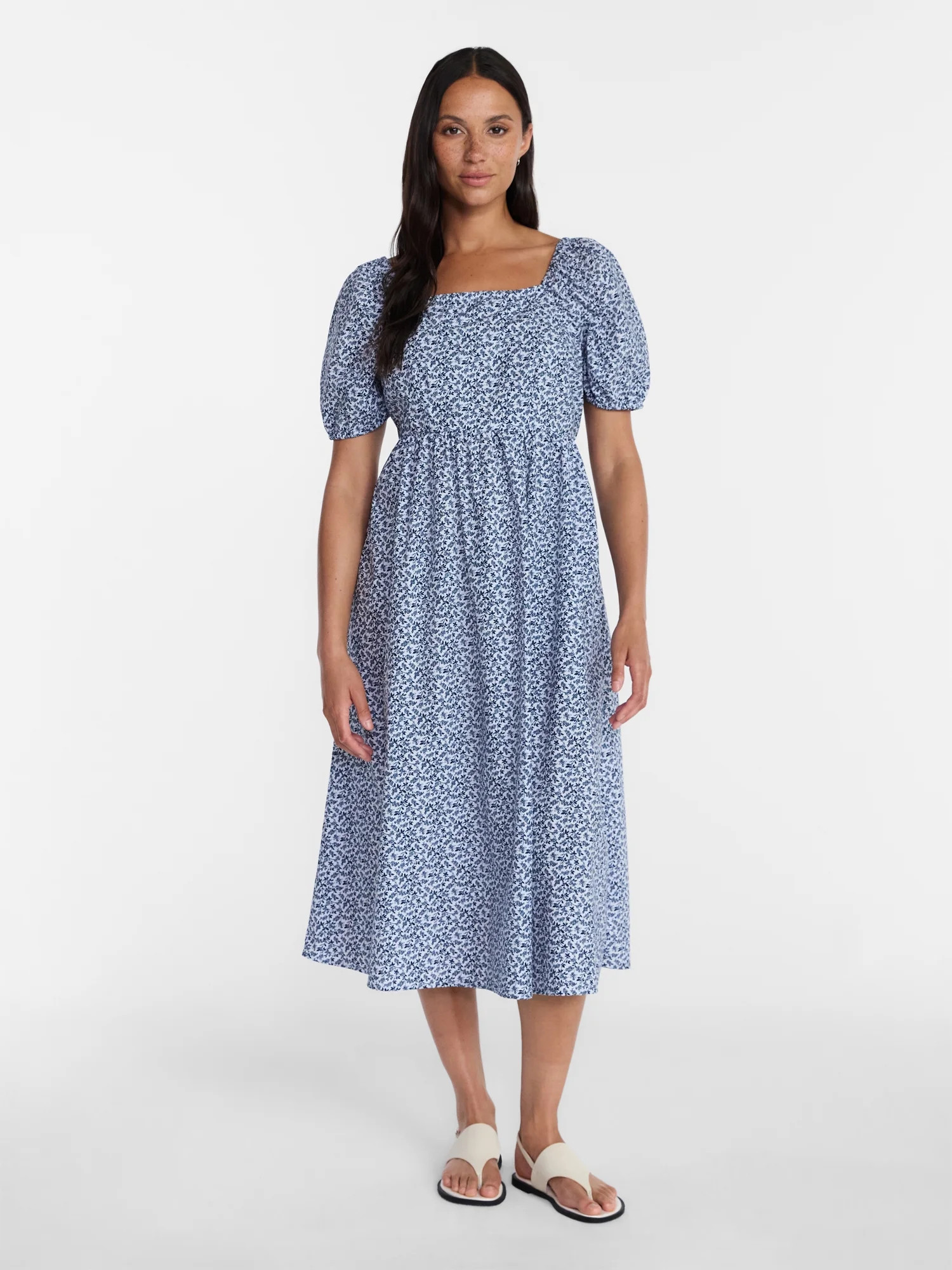 Time and Tru Women's Tie Back Cotton Midi Dress with Short Puff Sleeves, Sizes XS-XXXL | Walmart (US)