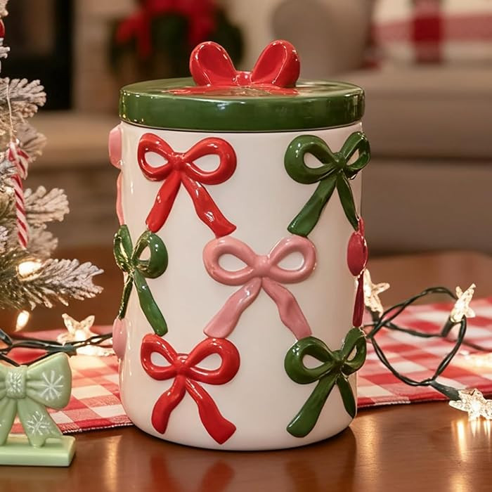 Christmas Ceramic Food Storage Jars with Lid, 56 OZ Xmas Hand-Painted Red and Green Bow Kitchen C... | Amazon (US)