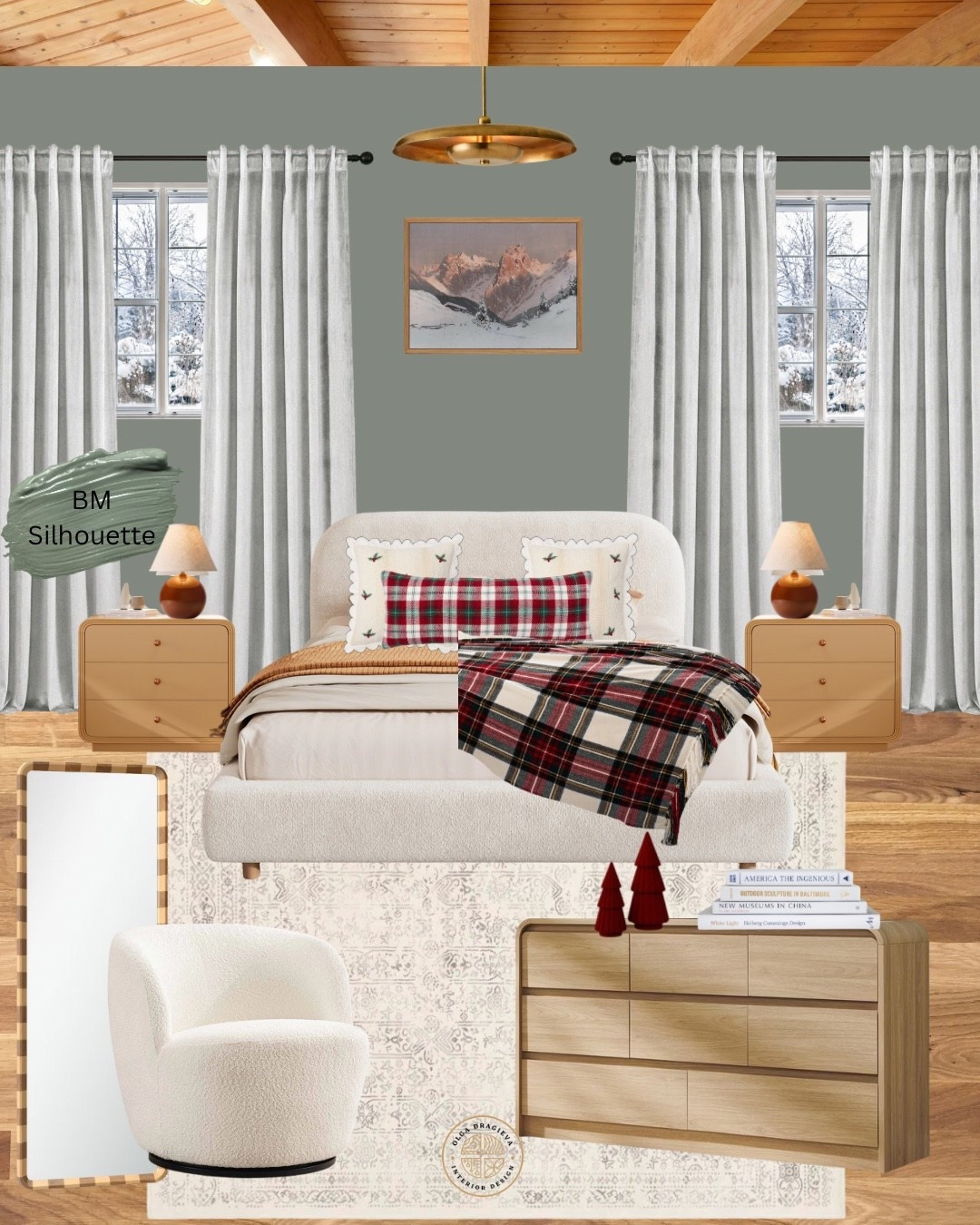 Christmas/winter bedroom mood board. I love the upholstered bed from Wayfair, dresser and nightstands from Target, vintage rug from Wayfair, table lamps from West Elm, curtains and boucle accent chair from Wayfair. #homedecor #bedroominspiration 

#LTKHoliday #LTKFamily #LTKHome
