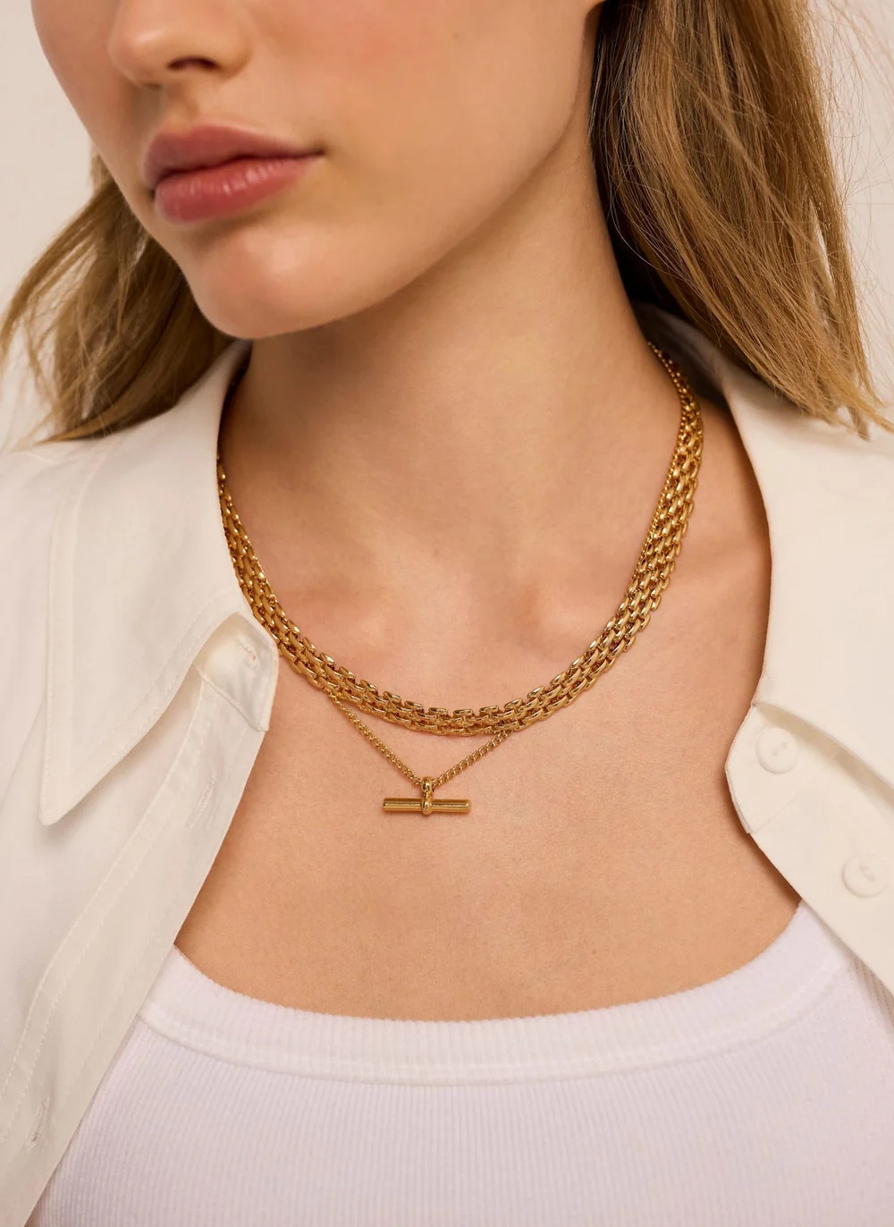 Gold Tone Layered T Bar Necklace | Mint Velvet