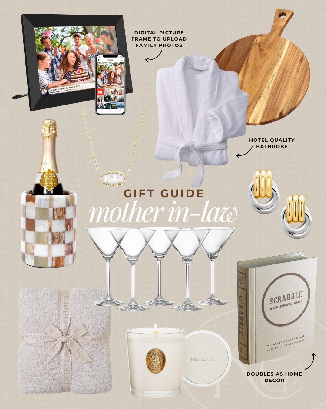A gift guide for your mother in-law. I am loving the checkered wine chiller and wood charcuterie board for gifts to the in-laws! I also think the barefoot dreams blanket, luxe candle, and digital picture frames are items she’ll love opening on the holiday! 

#LTKHoliday #LTKGiftGuide #LTKSeasonal