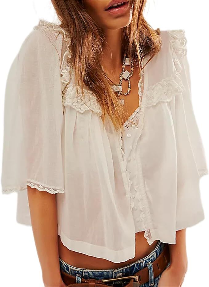 Hassembly Women Summer Cute Chiffon Shirt Low Cut V-Neck Short Sleeve Ruffle Trim Blouse Y2K Goin... | Amazon (US)