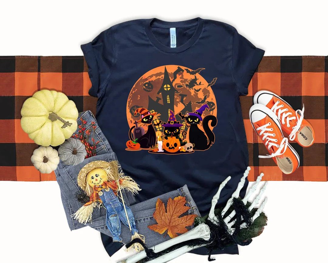 Black Cat Halloween Shirt Fall Pumpkin Halloween Shirt Witch - Etsy | Etsy (US)