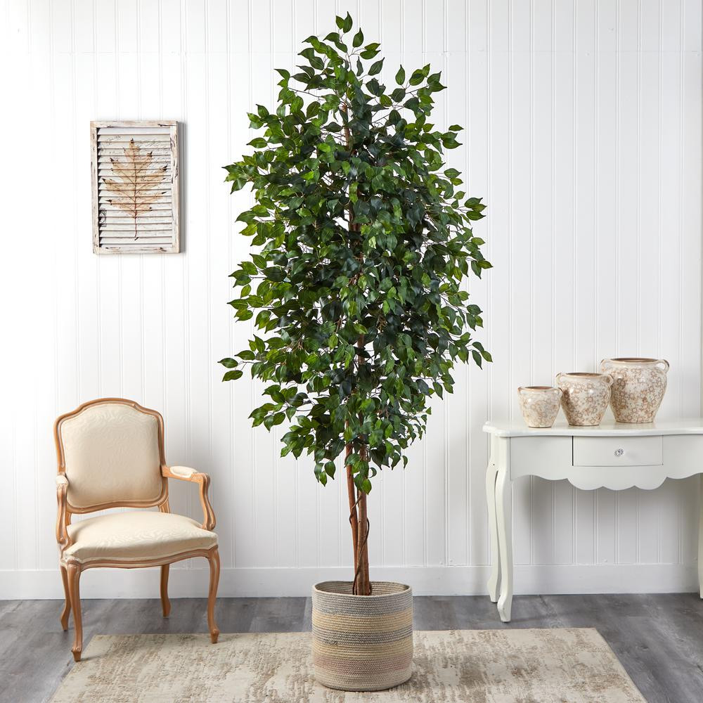 Nearly Natural 8 ft. Green Ficus Artificial Tree with Handmade Natural Cotton Multicolored Woven Pla | The Home Depot