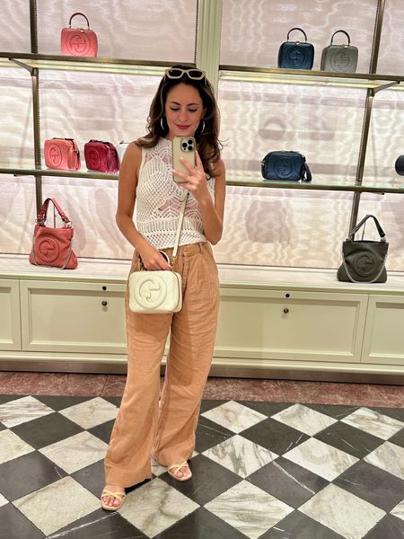 Spring outfit | summer outfit | Gucci | vacation outfit | linen pants | macrame tank top | quiet luxury | gold hardware 

#LTKfindsunder100 #LTKsalealert #LTKitbag