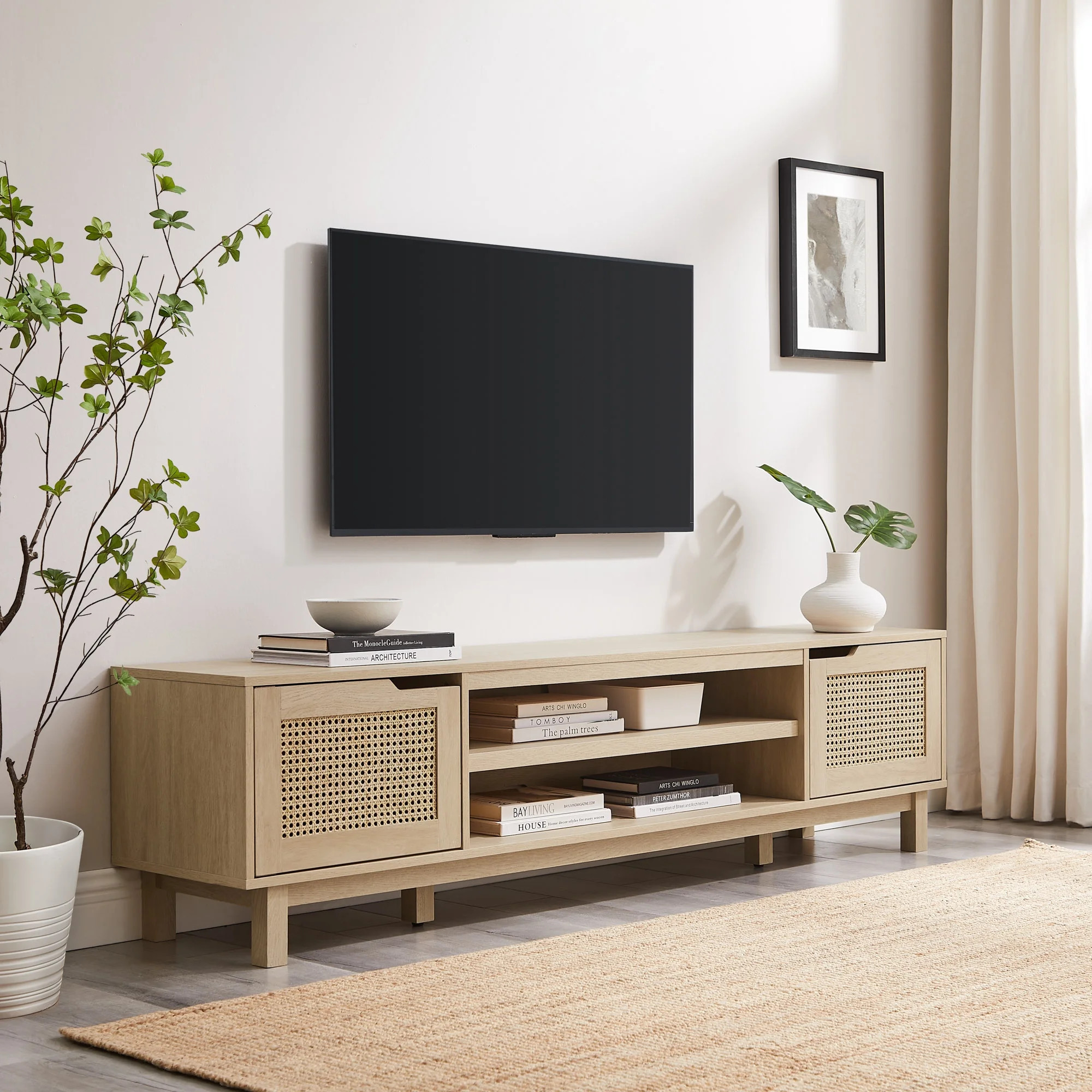 Walker Edison Boho 2-Door Rattan TV Stand for TVs up to 80”, Coastal Oak | Walmart (US)
