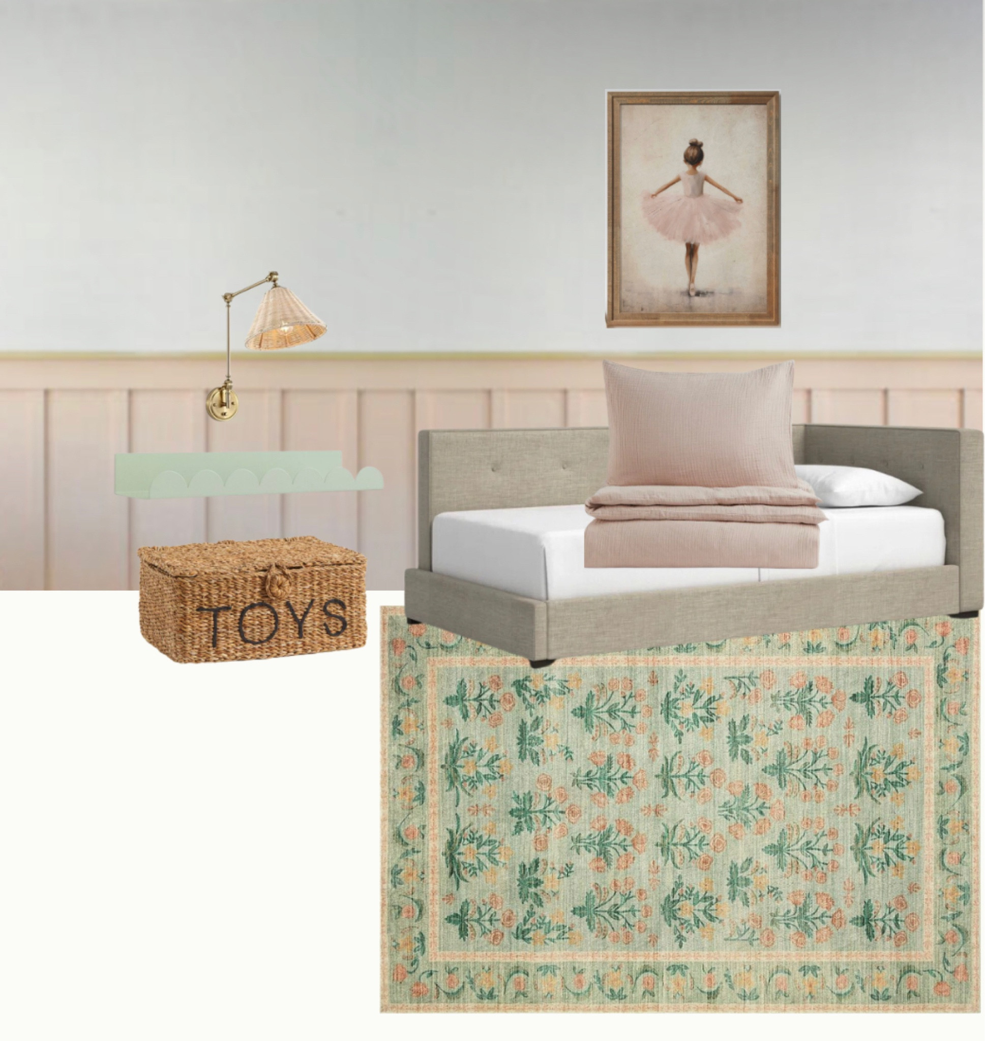 Little girls room. Dance themed room with pink tones and pastel. Upholstered daybed, scallop shelving. Board and batten little girls room. 

#LTKkids #LTKhome