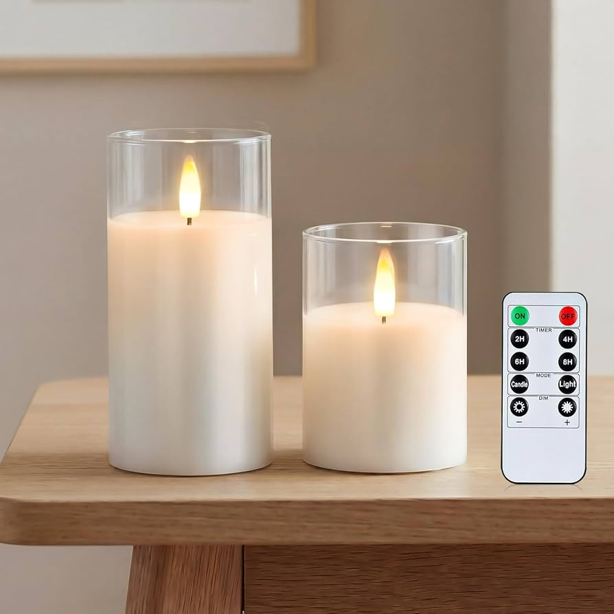 Amagic White Glass Real Wax Flameless LED Pillar Candles with Remote Timer | Amazon (US)