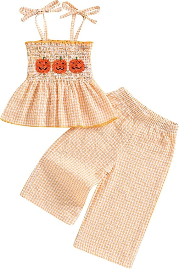 Kayotuas Halloween Toddler Girl Outfits Pumpkin Smocked Spaghetti Strap Tank Top Dress Gingham Pl... | Amazon (US)