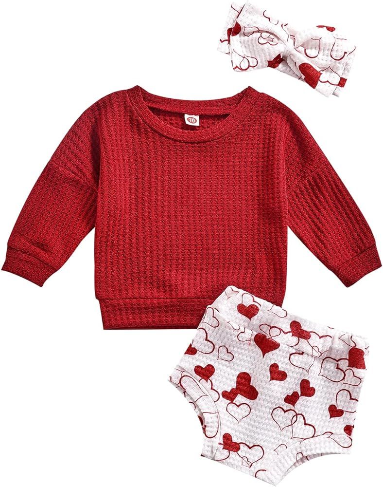 Toddler Baby Girl Valentine's Day Outfits Long Sleeve Pullover Top Heart Print Shorts Headband 3Pcs  | Amazon (US)