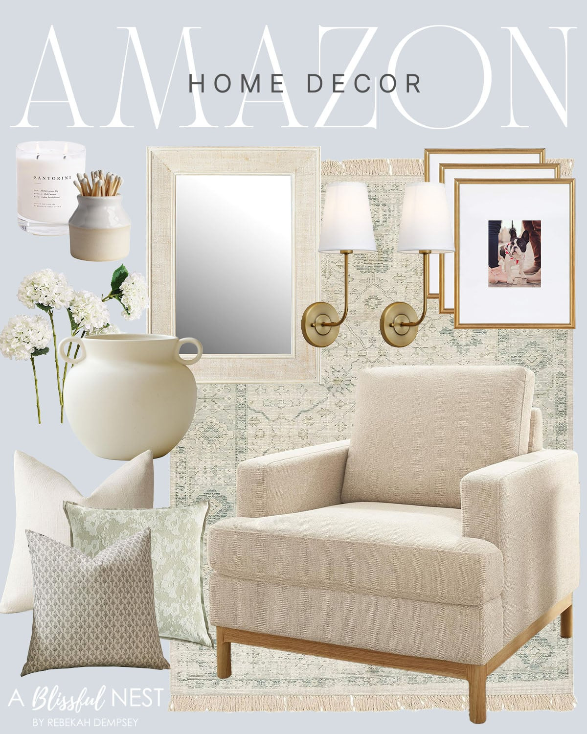 Grab these cozy and chic Amazon home decor pieces!
cream accent chair, neutral tone throw pillows, stylish decorative mirror, white and gold wall sconces, framed artwork, ceramic vase, scented candle, faux white flowers, area rug 

 #LTKHome #LTKFindsUnder50 #LTKFindsUnder100