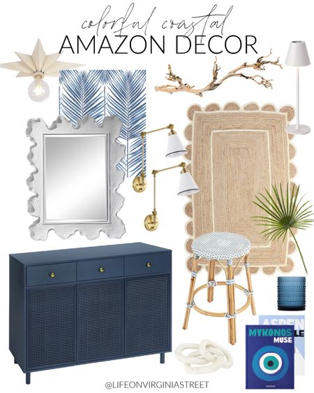 Sharing a collection of colorful coastal Amazon decor finds! I’m loving this navy blue cane cabinet, scalloped jute rug, coral mirror, palm peel and stick wallpaper, star light fixture, woven counter stool, faux palm stem, marble link decor, and driftwood decor! See more ideas here: https://lifeonvirginiastreet.com/colorful-coastal-amazon-decor/.
.
#ltkhome #ltkseasonal #ltksalealert #ltkunder50 #ltkunder100 #ltkstyletip #ltkfind

#LTKSeasonal #LTKsalealert #LTKhome