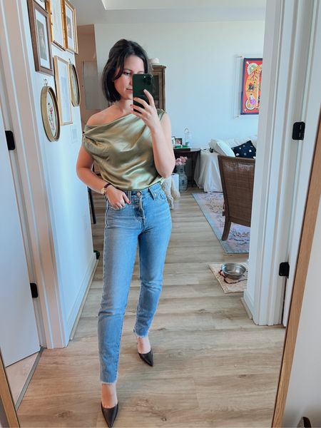 Date night, dinner, spring dinner outfit, jeans, petite, over 30, classic style, Jimmy Choo sling back shoes, brown heels, Levi’s, Levi wedgie icon, reformation silk top, off shoulder top 

#LTKstyletip #LTKfindsunder100