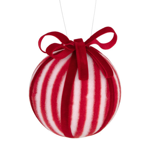 Striped Candy Cane Christmas Ball Ornament - 4" (100mm) - Red and White | Christmas Central