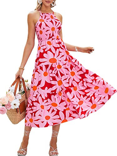 BerryGo Women's Sundresses Spring Floral Maxi Dress Boho Elegant Midi Long Halter Beach Ruffle A-line Dresses Red L | Amazon (US)