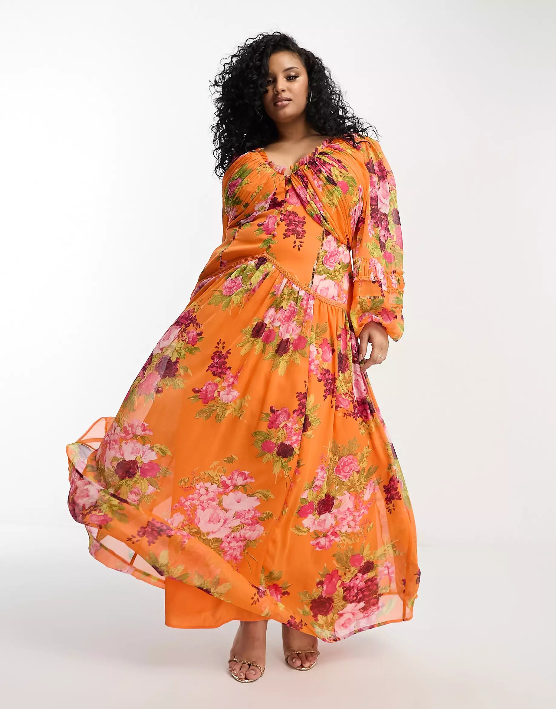 ASOS DESIGN Curve button up pintuck maxi dress with lace inserts in orange floral print | ASOS (Global)
