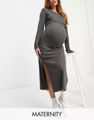 Missguided Maternity midi dress with tie waist in charcoal | ASOS (Global)