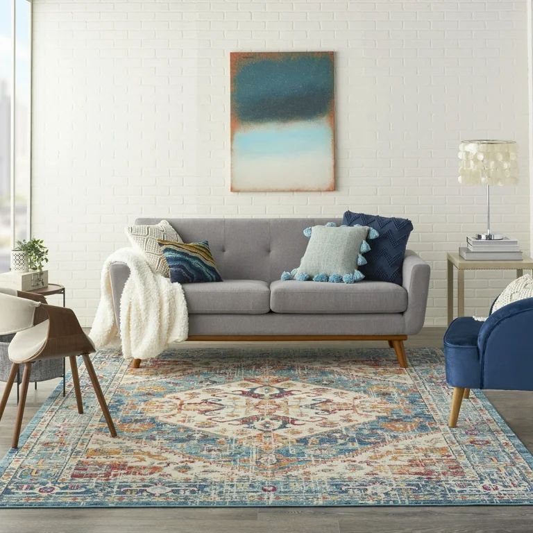 Nourison Passion Ivory/Light Blue 6'7" x 9'6" Area Rug, Vintage, Boho, Bed Room, Living Room, Din... | Walmart (US)