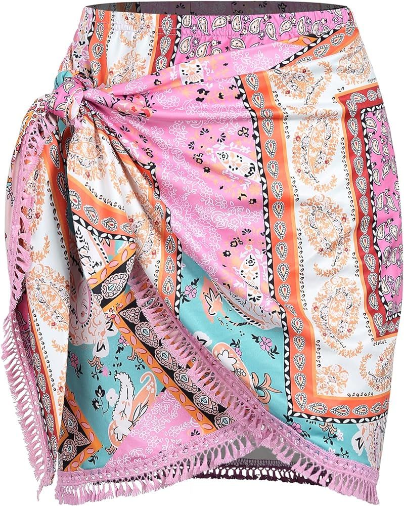 ZAFUL Slit Skirt for Women Boho Print Tie Side Wrap Tassel Casual Beach Mini Skirt | Amazon (US)