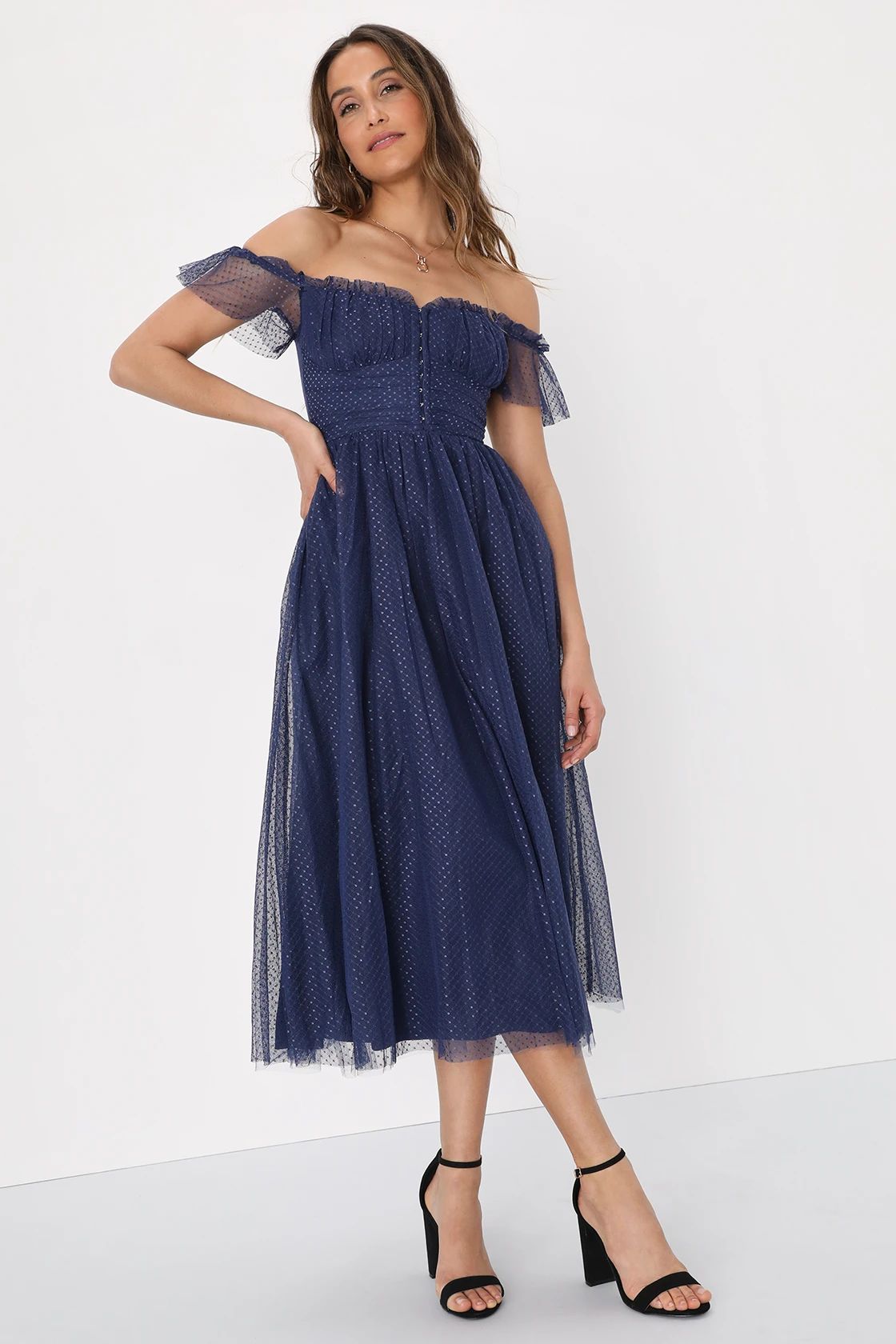 Regal Radiance Navy Blue Tulle Bustier Midi Dress | Lulus (US)