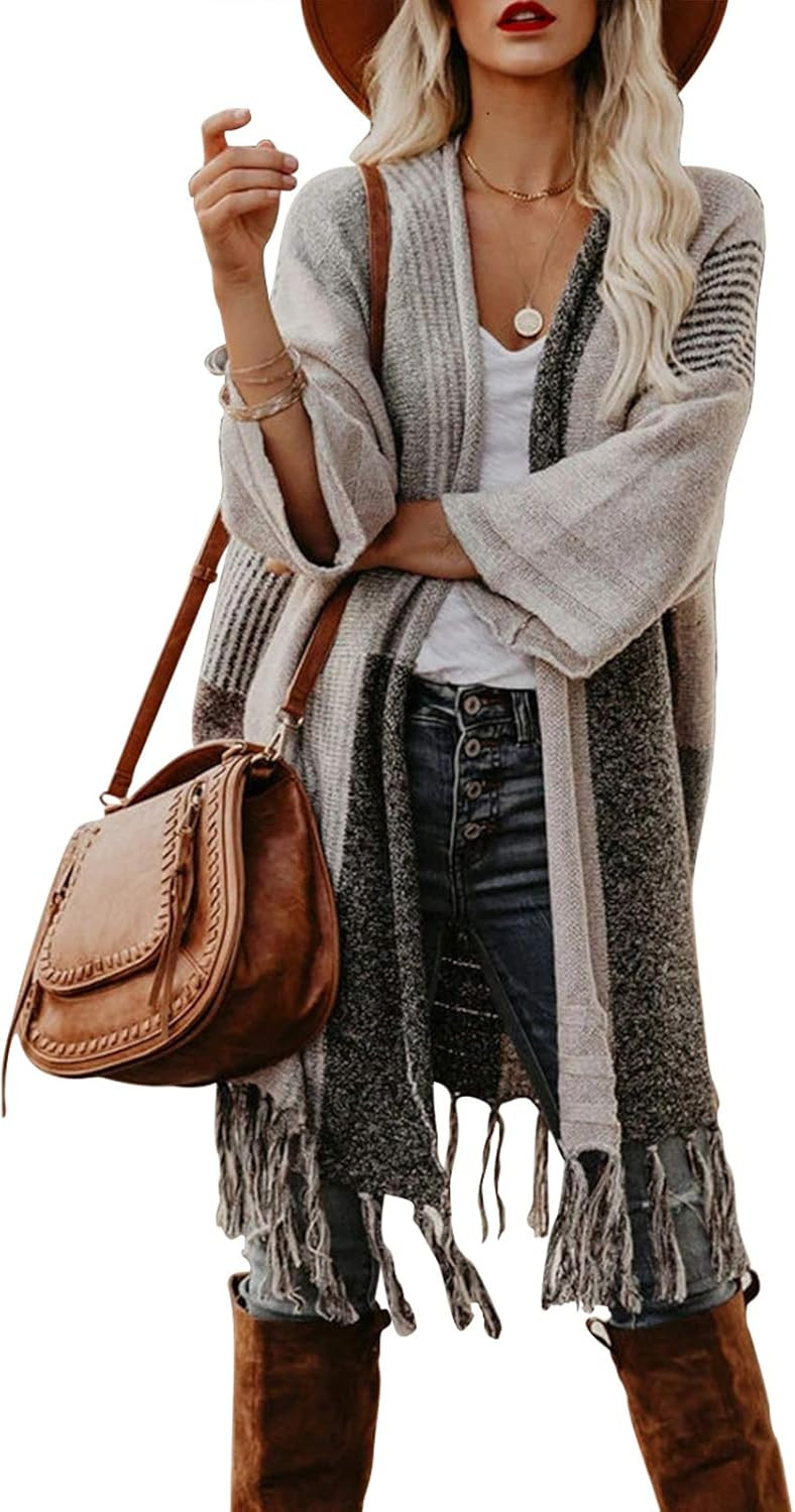 EXLURA Womens Color Block Cardigan Open Front Sweaters Loose Knit Casual Coat | Amazon (US)