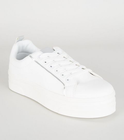 White Leather-Look Lace Up Flatform Trainers | New Look | New Look (UK)