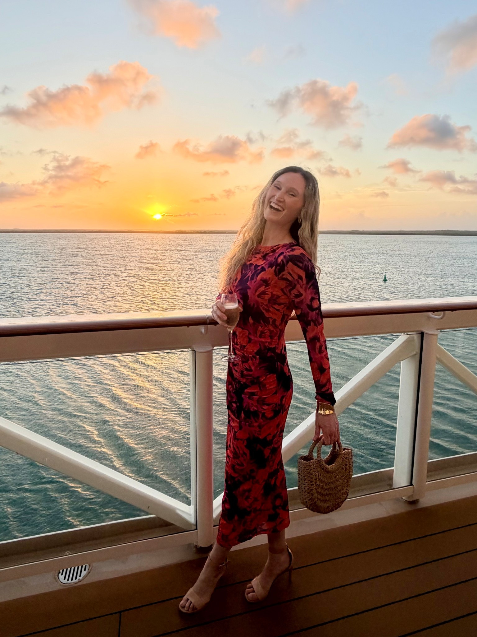 Affordable and flattering ruched pattern long sleeve maxi dress. Tall girl friendly maxi dress. Great for cruise vacation or even a wedding guest dress. Paired with straw bag, gold cuff bracelet, nude heels 

#LTKWedding #LTKTravel #LTKTall