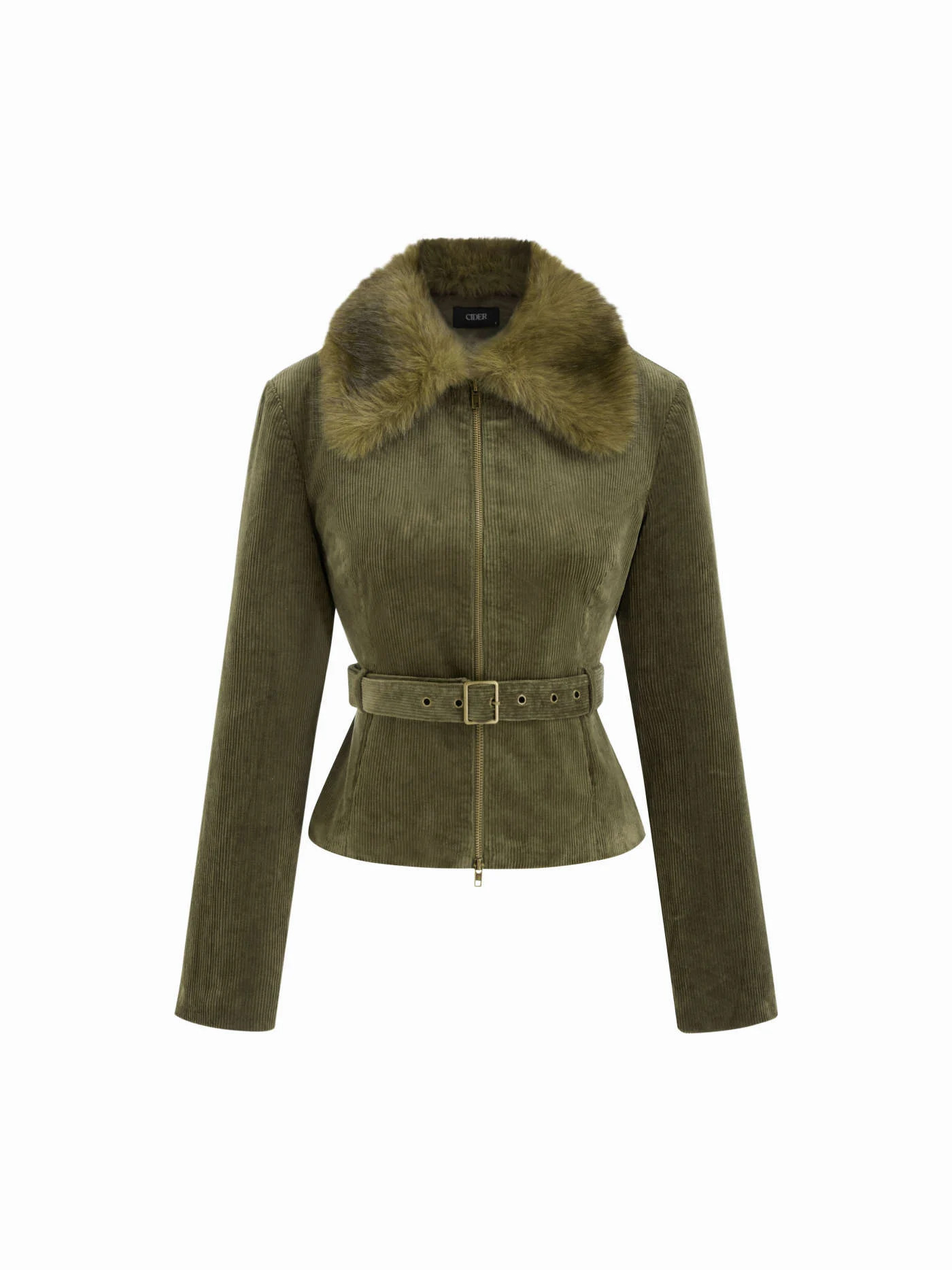 Corduroy Faux Fur Trim Collar Jacket With Belt | Cider