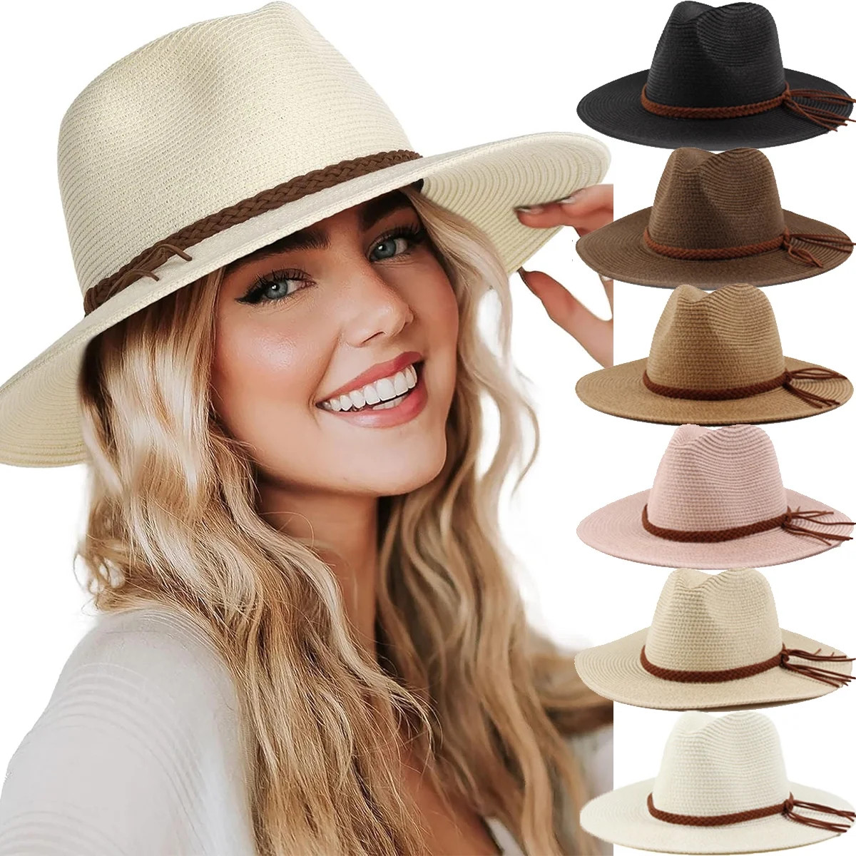 Womens Mens Wide Brim Straw Panama Hat Fedora Summer Beach Sun Hat UPF Straw Hat | Walmart (US)