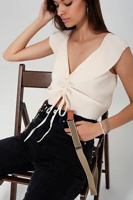 Tie Front Shirred Detail Volume Sleeve Crop Top in Cream | eBay US
