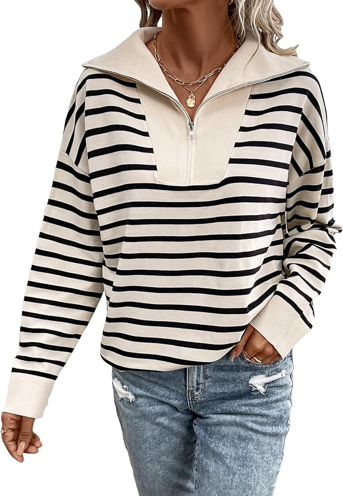 Floerns Women's Striped Quarter Zip Lapel Sweatshirt Long Sleeve Drop Shoulder Sweater | Amazon (US)