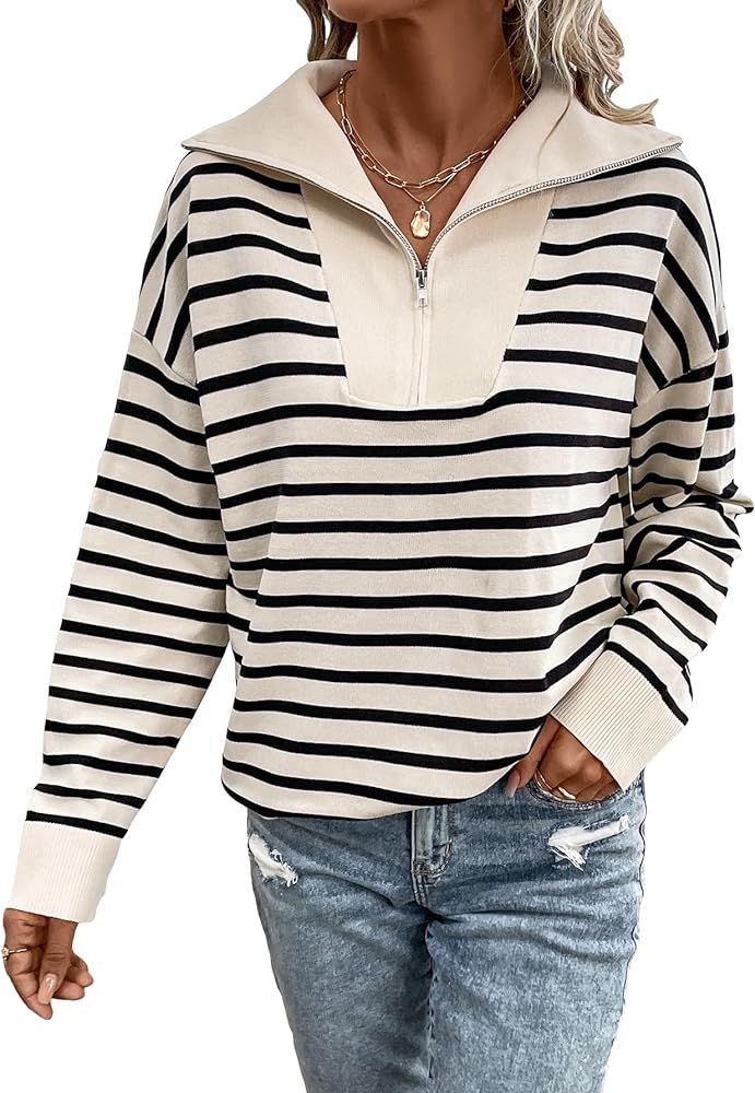 Floerns Women's Striped Quarter Zip Lapel Sweatshirt Long Sleeve Drop Shoulder Sweater | Amazon (US)