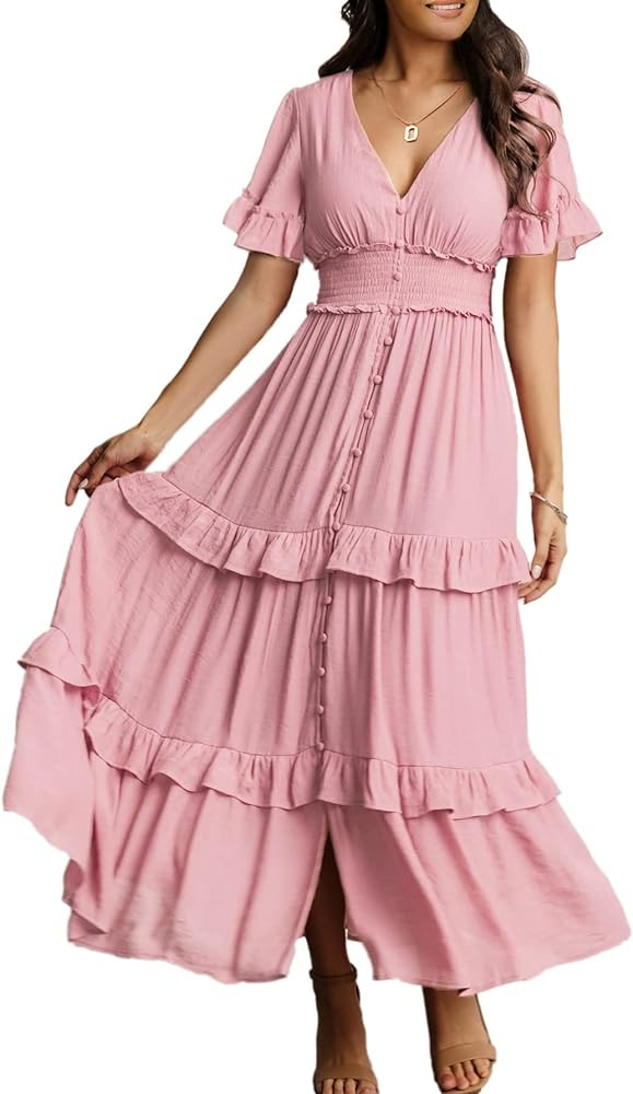 Amegoya Women's V Neck Long Sleeve Boho Maxi Dress Summer Wedding Guest Long Flowy Engagement Dre... | Amazon (US)