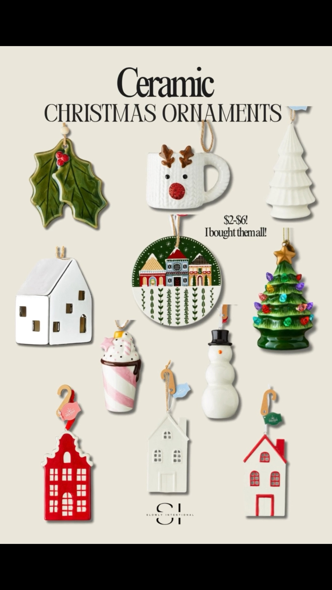 I couldn’t resist these ceramic Christmas ornaments—they look so high-end but were only $2–$6 each! The reindeer mug and little houses are my favorites. I grabbed one of every style because they’ll look so good on the tree and even tied onto gifts!

#LTKSeasonal #LTKHome