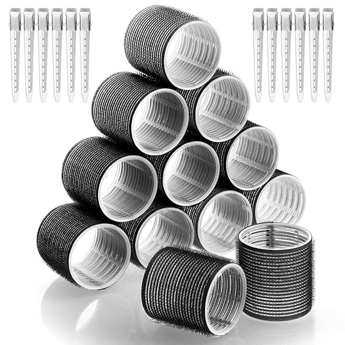 Jumbo Hair Curlers Rollers, 12Pcs Hair Roller Curlers Self Grip Holding Rollers with12 Stainless ... | Amazon (US)