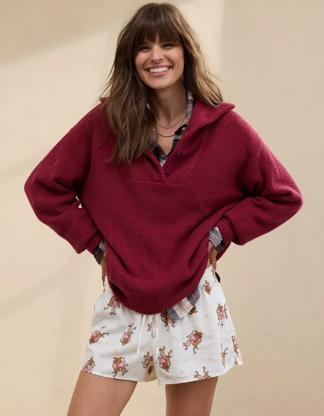 Aerie CozyUp Waffle Button Sweater | American Eagle Outfitters (US & CA)